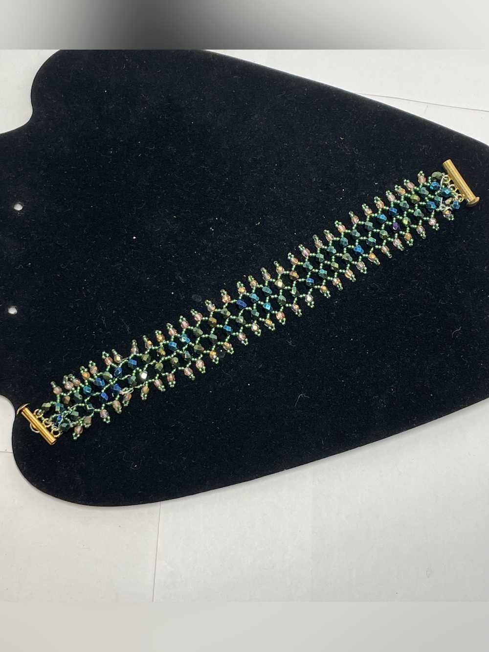 Iridescent Green Clear Black Bead Cuff Bracelet boho glass Barrel Clasp